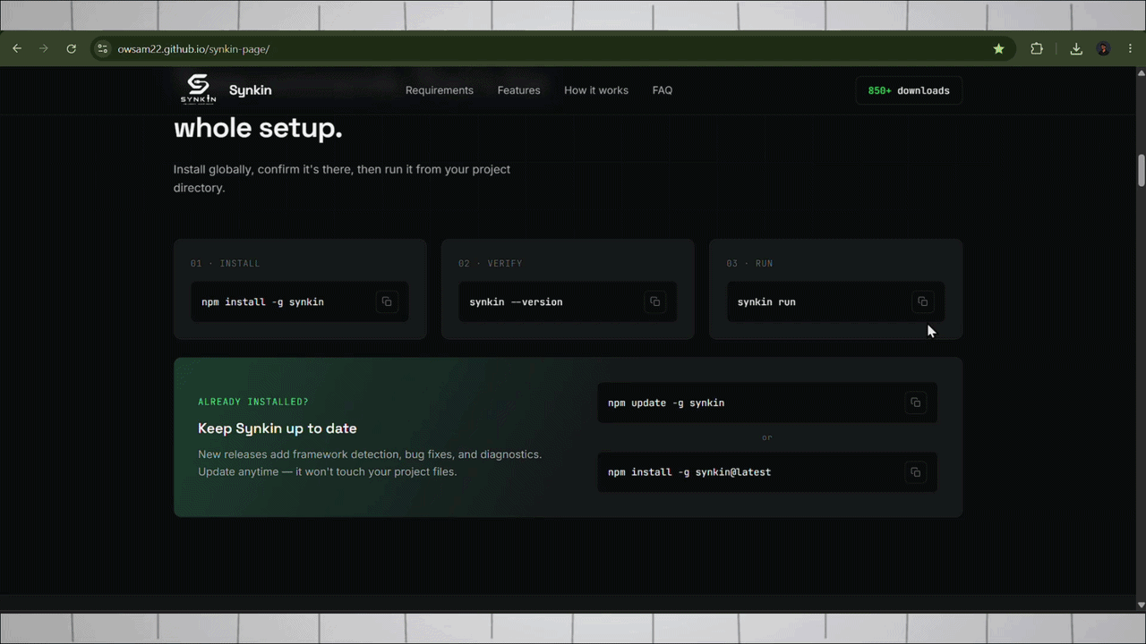 Synkin demo showing localhost website automatically opening on Android over USB using ADB Reverse